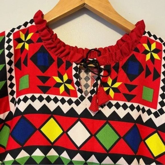 Hand stitched patchwork pattern tribal printed tiered maxi dress size L - Picture 5 of 7